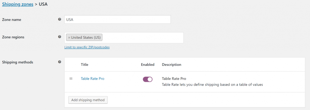 Add shipping method to shipping zone