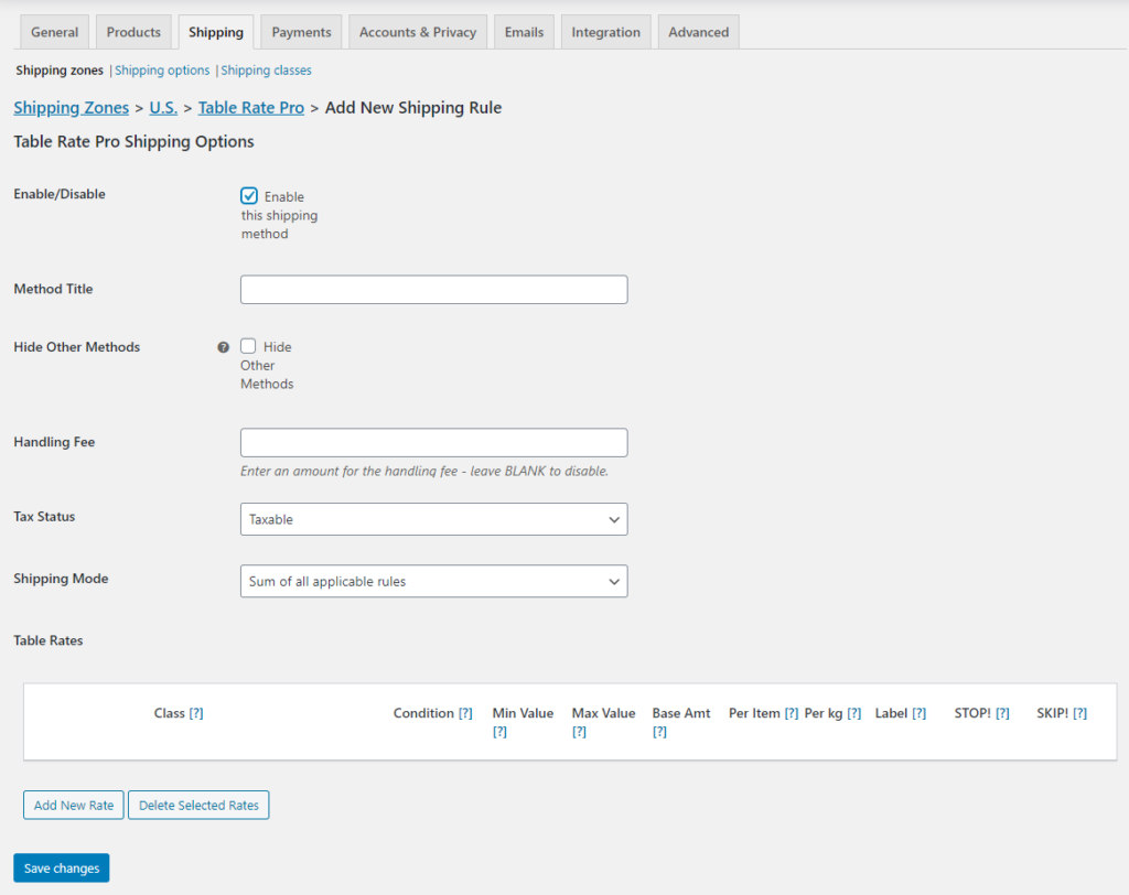 Table Rate Pro Shipping Options