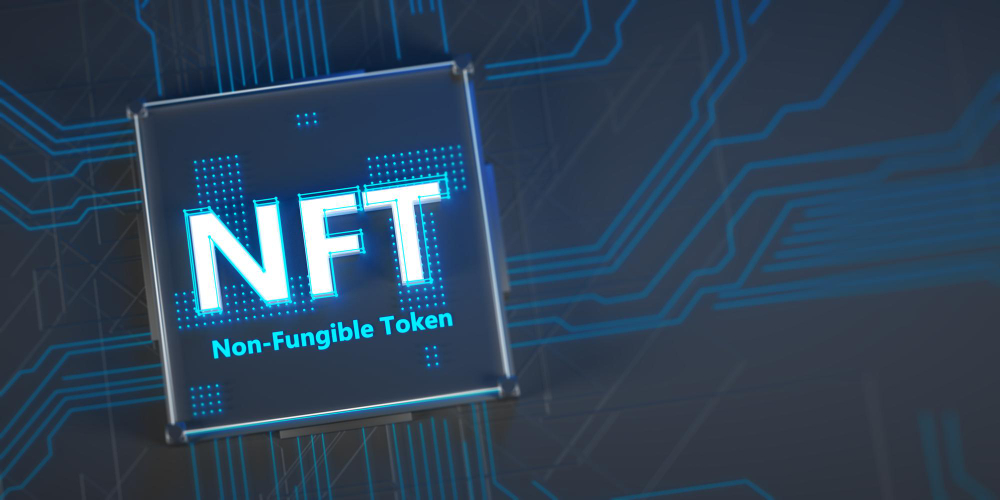 NFT Nonfungible Tokens NFT Word on Dark Blue Logic Board Background 3D Rendering
