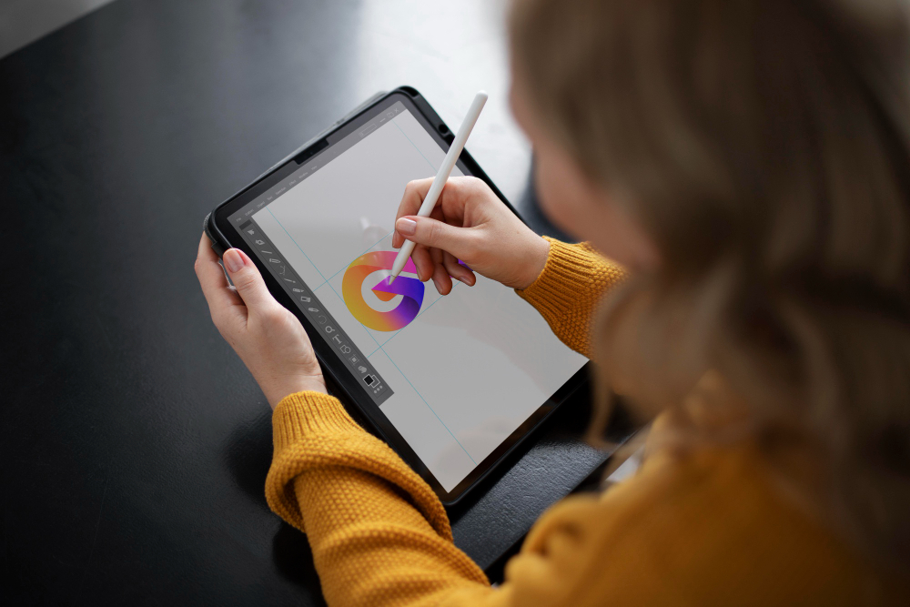 Female Logo Designer Working on a Graphic Tablet